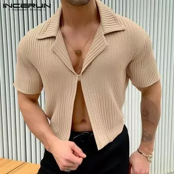 INCERUN Мужские трикотажные рубашки в рубчик с воротником с лацканами и V-образным вырезом на молнии