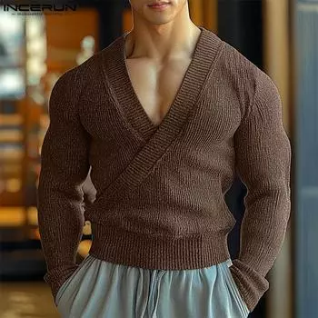 INCERUN Мужские трикотажные свитера с V-образным вырезом спереди и длинными рукавами, повседневные осенние свитера в рубчик S чёрный