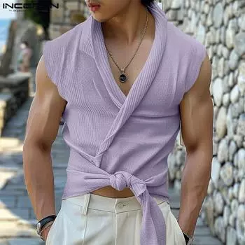 INCERUN Мужской безрукавный бандажный трикотажный топ с оборками и V-образным вырезом на шнуровке свободный жилет 4XL чёрный