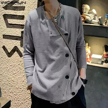 INCERUN Мужские трикотажные топы с длинными рукавами и нерегулярными пуговицами по бокам