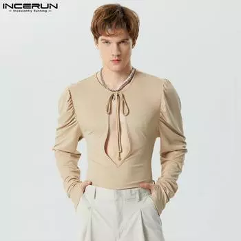 INCERUN Мужские трикотажные топы с длинными рукавами и повязкой на шею