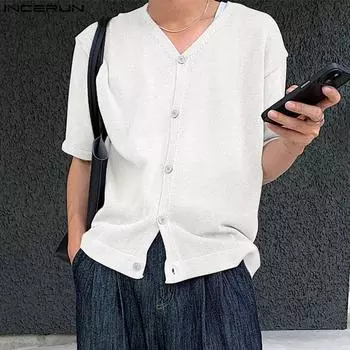 INCERUN Мужские трикотажные топы с коротким рукавом и V-образным вырезом на пуговицах, летние повседневные футболки L белый