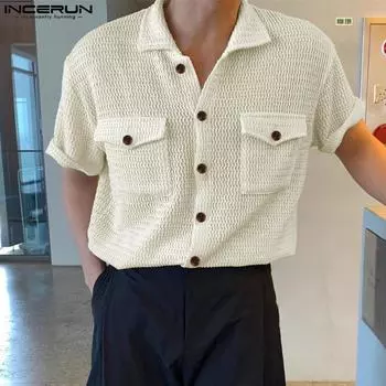 INCERUN Мужские трикотажные топы с лацканами и коротким рукавом на пуговицах, повседневные рубашки с ажурным свитером S бежевый