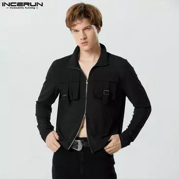 INCERUN Мужские трикотажные топы с воротником-стойкой и длинным рукавом на молнии