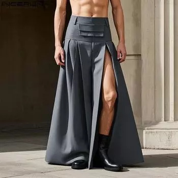 INCERUN Мужские юбки-килты с высокой талией на молнии, длинные, плиссированные, повседневные, с разрезами S темно-серого