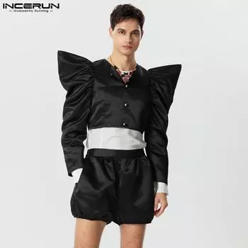 INCERUN Мужские укороченные топы и шорты с длинными рукавами и пуговицами нестандартной формы, комплекты клубной одежды