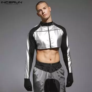 INCERUN Мужские укороченные топы с длинными рукавами и застежкой-молнией в стиле пэчворк