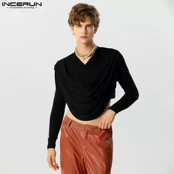 INCERUN Мужские укороченные топы с длинными рукавами и V-образным воротником
