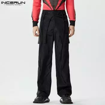 INCERUN мужские уличные брюки с высокой талией на молнии и карманами, длинные брюки 4XL чёрный