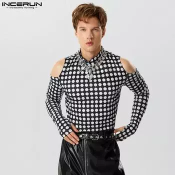 INCERUN Мужские узкие эластичные топы в горошек с вырезом на плечах и длинными рукавами