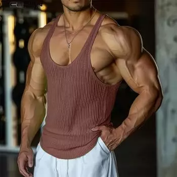 INCERUN Мужские узкие фактурные безрукавки с открытыми плечами, летние спортивные майки с круглым вырезом