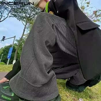 INCERUN мужские вельветовые брюки с эластичной талией, длинные, повседневные, широкие брюки с карманами S зелёный