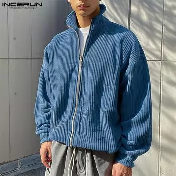 INCERUN Мужские вельветовые пальто на молнии с высоким воротом, повседневные осенне-зимние теплые куртки M зелёный