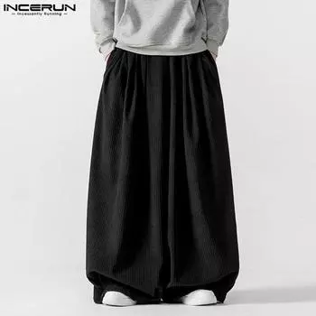 INCERUN Мужские вельветовые повседневные брюки с эластичным поясом и заниженным шаговым швом S чёрный