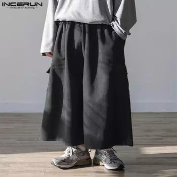 INCERUN мужские вельветовые свободные повседневные мешковатые брюки с эластичной талией 4XL чёрный