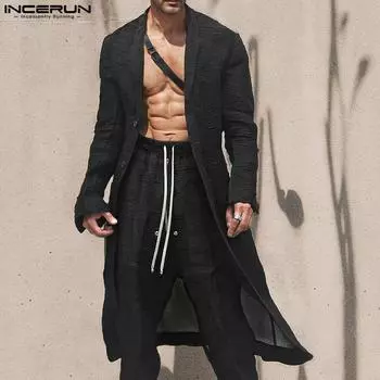 INCERUN Мужские весенне-осенние длинные пальто с одной пуговицей и текстурой S чёрный