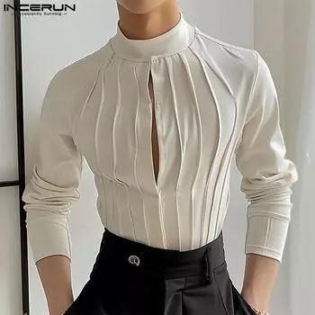 INCERUN Мужские весенне-осенние топы с высоким воротом и складками, повседневные рубашки с длинным рукавом и вырезами M бежевый