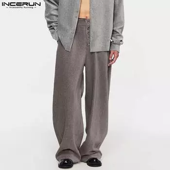INCERUN Мужские весенние брюки с высокой талией на пуговицах, однотонные повседневные длинные брюки-брюки S чёрный