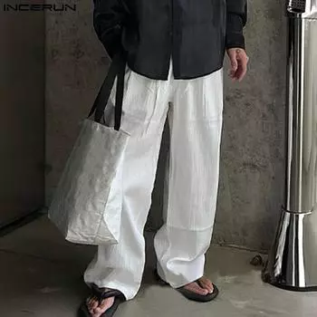 INCERUN мужские весенние брюки с застежкой-молнией и высокой талией, повседневные прямые брюки на пуговицах S белый
