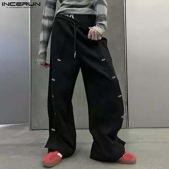 INCERUN Мужские весенние длинные брюки с высокой талией, повседневные брюки с разрезами и пуговицами на шнурке S чёрный