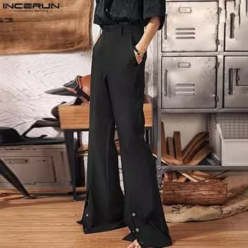 INCERUN Мужские весенние длинные брюки с застежкой-молнией и высокой талией, повседневные брюки-клеш с разрезами и пуговицами 4XL чёрный