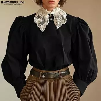 INCERUN Мужские весенние кружевные рубашки с оборками и длинным рукавом, свободные повседневные топы S чёрный