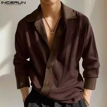 INCERUN Мужские весенние лацканы с косой планкой Трикотажные свободные топы Повседневные рубашки S белый