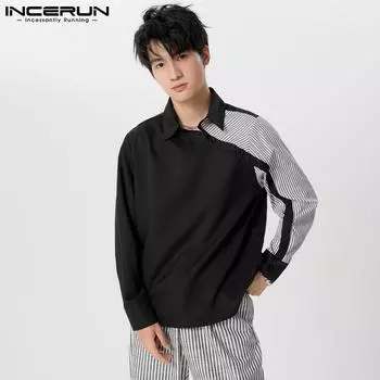 INCERUN Мужские весенние лоскутные рубашки с длинным рукавом в полоску с лацканами повседневные топы M белый