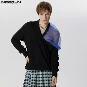 INCERUN мужские весенние лоскутные сетчатые вязаные теплые пуловеры с v-образным вырезом, топы