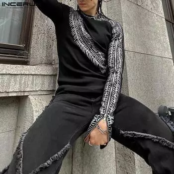 INCERUN Мужские весенние майки с длинным рукавом и принтом, повседневные узкие топы с застежкой-молнией S чёрный