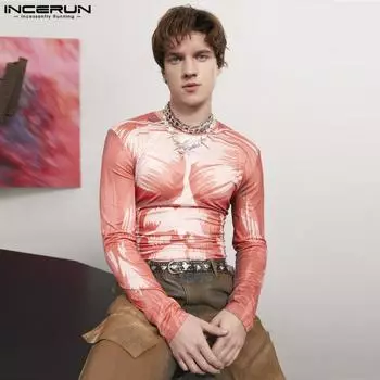 INCERUN Мужские весенние облегающие эластичные топы с длинными рукавами и искусственным принтом мышц 2XL розовый