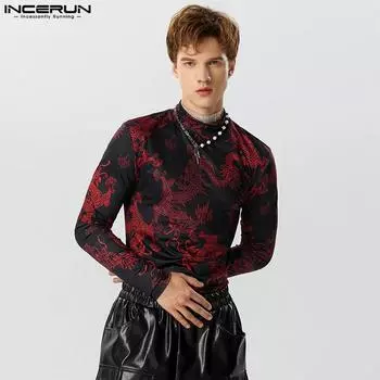 INCERUN Мужские весенние облегающие топы с длинным рукавом и цветочным принтом 3XL чёрный