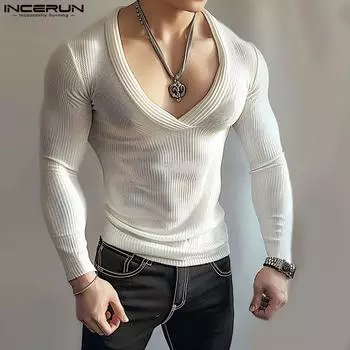 INCERUN Мужские весенние облегающие топы с V-образным вырезом и длинным рукавом, повседневные трикотажные свитера, майки 4XL озеро синий