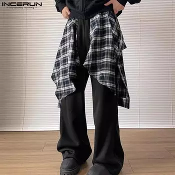 INCERUN Мужские весенние оборчатые клетчатые длинные брюки с высокой талией повседневные брюки L чёрный