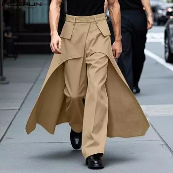 INCERUN мужские весенние однотонные повседневные длинные прямые брюки с высокой талией и оборками сзади S