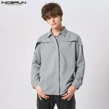INCERUN Мужские весенние однотонные повседневные рубашки с длинными рукавами и воротником
