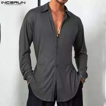 INCERUN Мужские весенние однотонные рубашки с длинными рукавами нестандартной формы 3XL белый