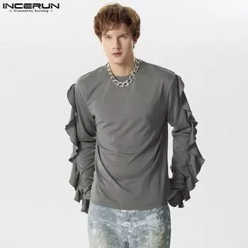 INCERUN Мужские весенние однотонные топы с воланами и длинными рукавами
