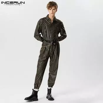 INCERUN мужские весенние полосатые брюки с длинными рукавами рубашки повседневные комбинезоны