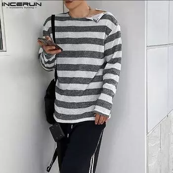 INCERUN Мужские весенние полосатые топы с длинными рукавами и пуговицами на плечах
