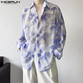 INCERUN Мужские весенние повседневные прозрачные рубашки с длинными рукавами и принтом L синий