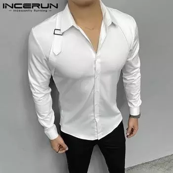 INCERUN Мужские весенние повседневные рубашки с длинным рукавом на пуговицах 2XL белый
