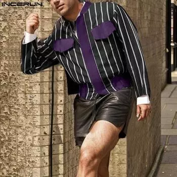 INCERUN Мужские весенние повседневные рубашки с длинным рукавом в полоску в стиле пэчворк на молнии 2XL чёрный