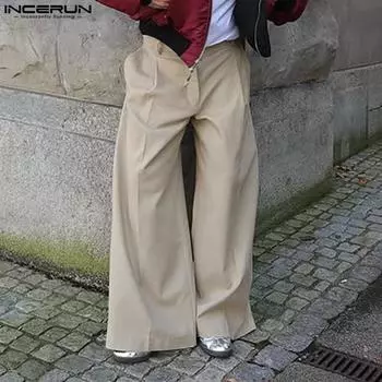 INCERUN мужские весенние повседневные свободные широкие брюки на молнии с карманами S хаки