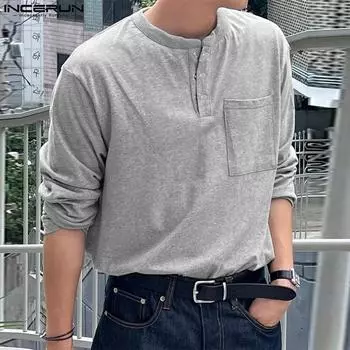 INCERUN Мужские весенние повседневные свободные топы с круглым вырезом и длинными рукавами, майки XL чёрный