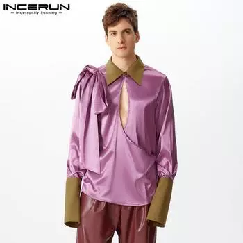 INCERUN Мужские весенние повседневные топы с длинным рукавом и оборками, открытые рубашки с открытой передней частью XL чёрный