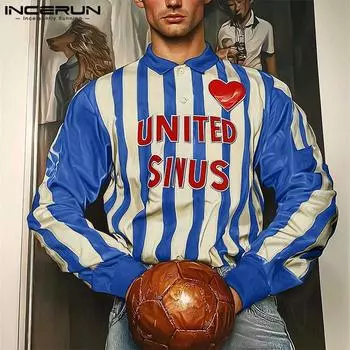 INCERUN Мужские весенние повседневные топы с лацканами и длинным рукавом в полоску с принтом, пуловеры 4XL синий