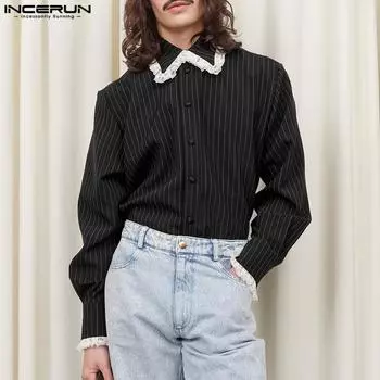 INCERUN Мужские весенние повседневные винтажные рубашки с лацканами и кроше M чёрный