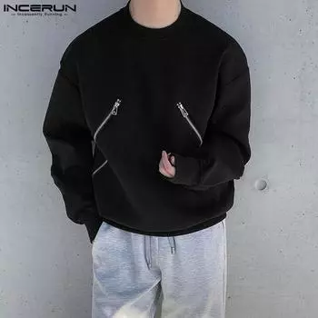 INCERUN мужские весенние пуловеры с круглым вырезом на молнии, толстовки