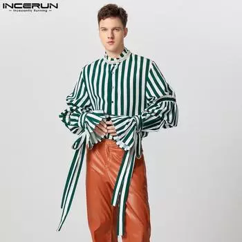 INCERUN Мужские весенние рубашки без воротника с оборками и бантом, с длинным рукавом и полосатым принтом, топы L синий